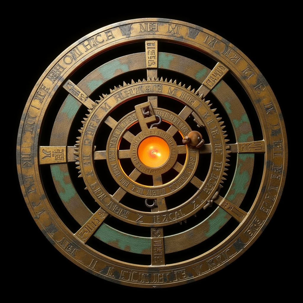 v7 — layered bronze astrolabe mechanism