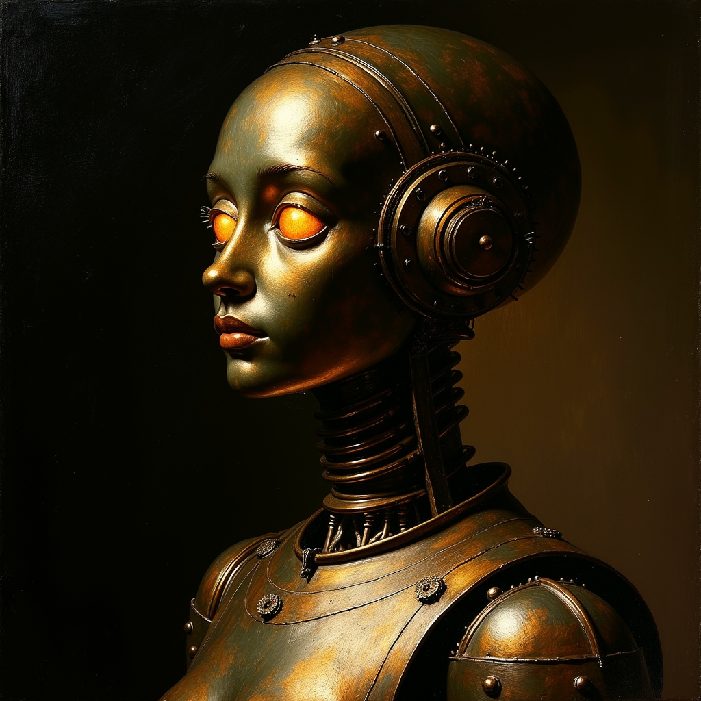 v9 — bronze automaton in Rembrandt chiaroscuro
