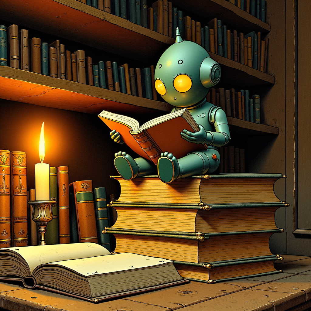 v16 — small robot reading on a stack of books by candlelight