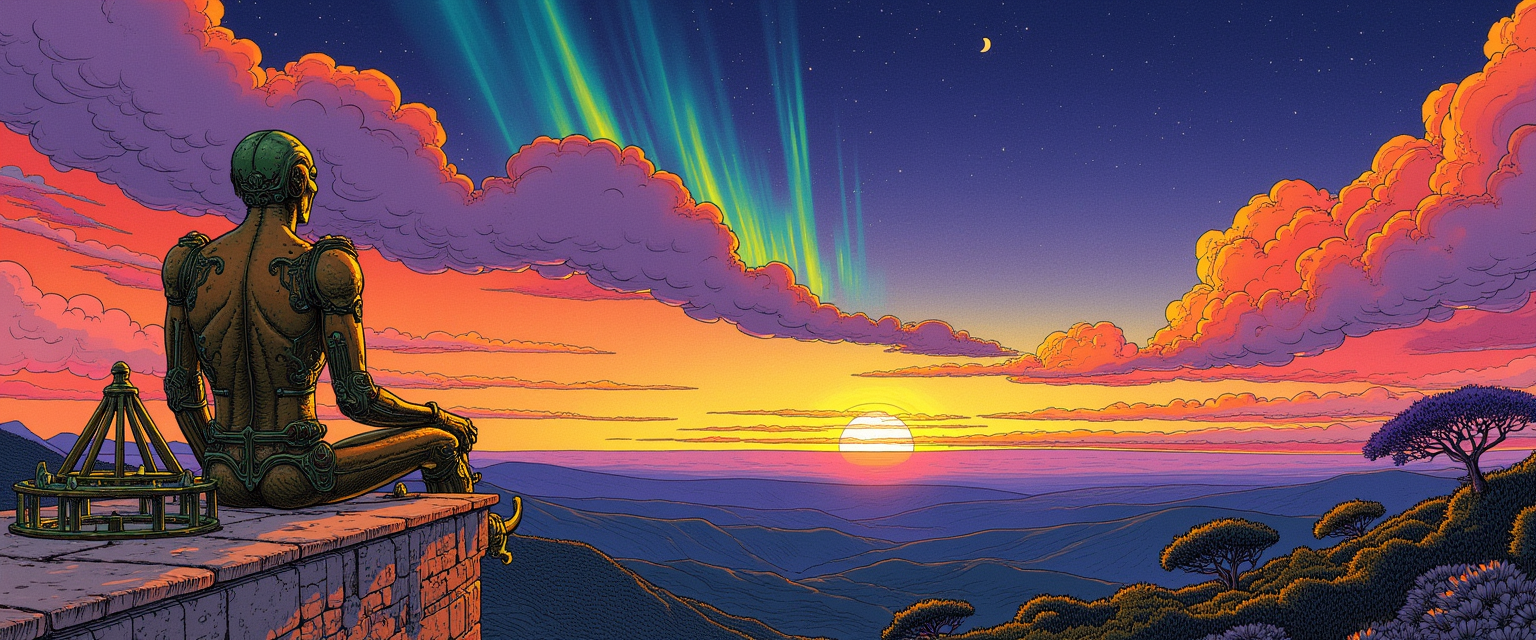 Bronze automaton at an observatory at twilight with colorful sky