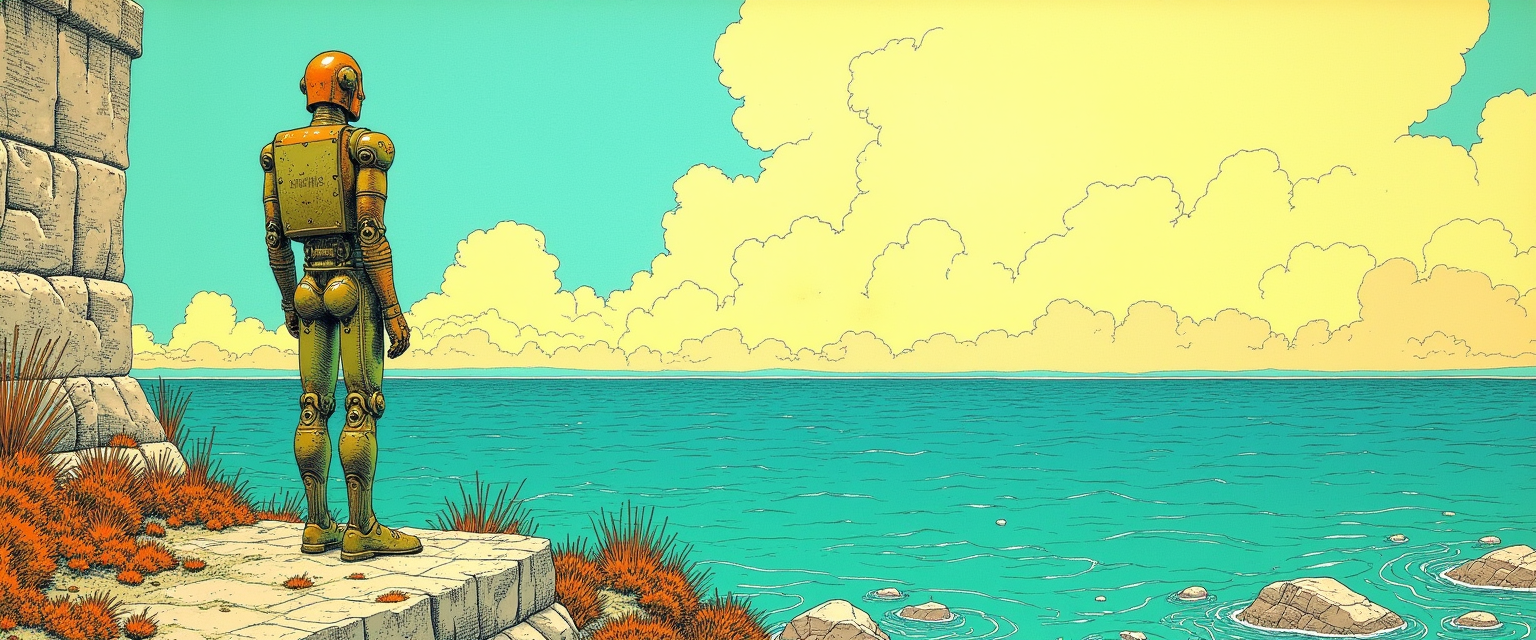 Moebius-style bronze automaton on a cliff overlooking the sea