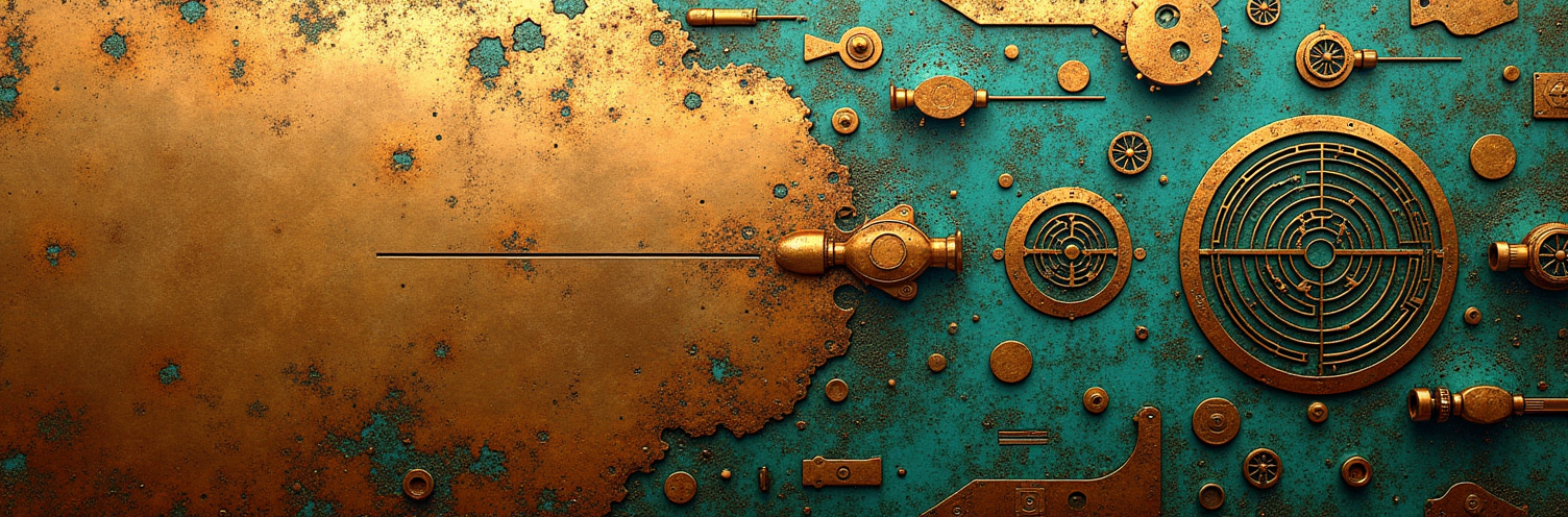 Nostr banner — bronze patina with emerging labyrinthine mechanisms