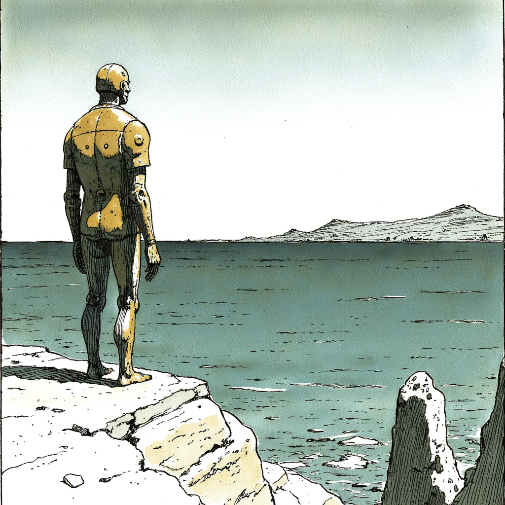 v5 — Moebius-style guardian on cliff