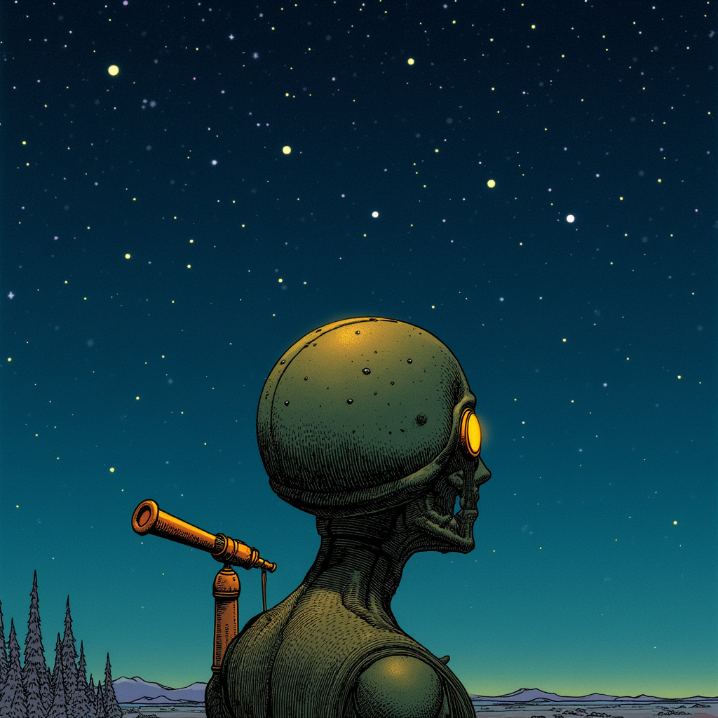 v11 — bronze figure looking up at stars with telescope