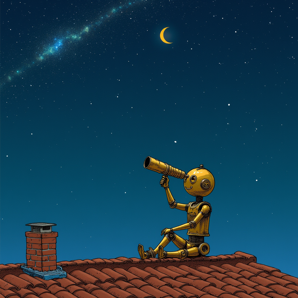 v14 — small robot on rooftop with telescope and crescent moon